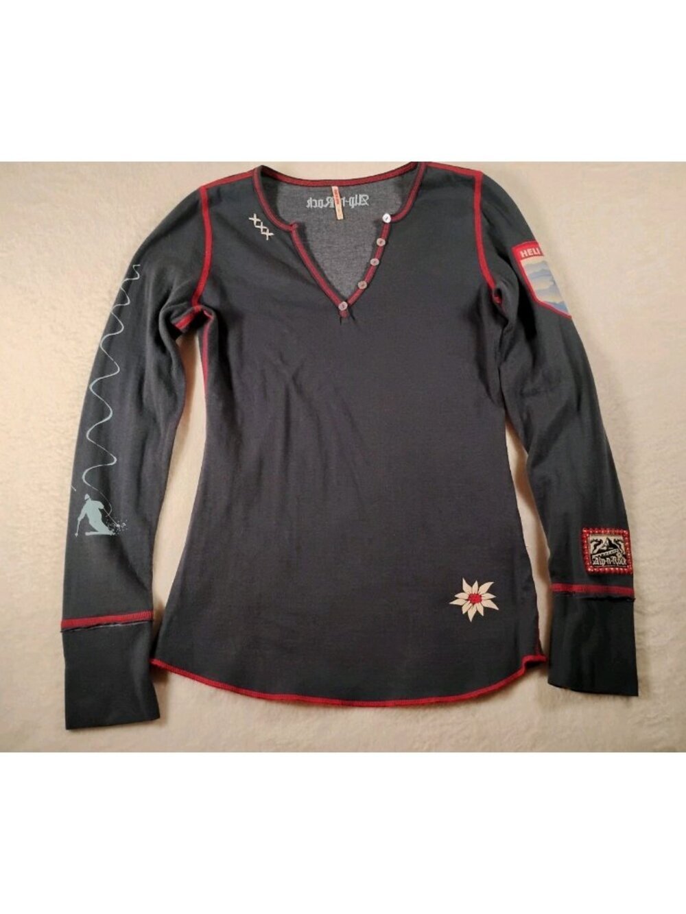 Vtg Alp N Rock Henley Shirt Heli-Ski Cross Stitch Patch Logo Base Layer Sz 1 Blu